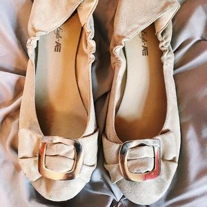 Tan suede buckle flats